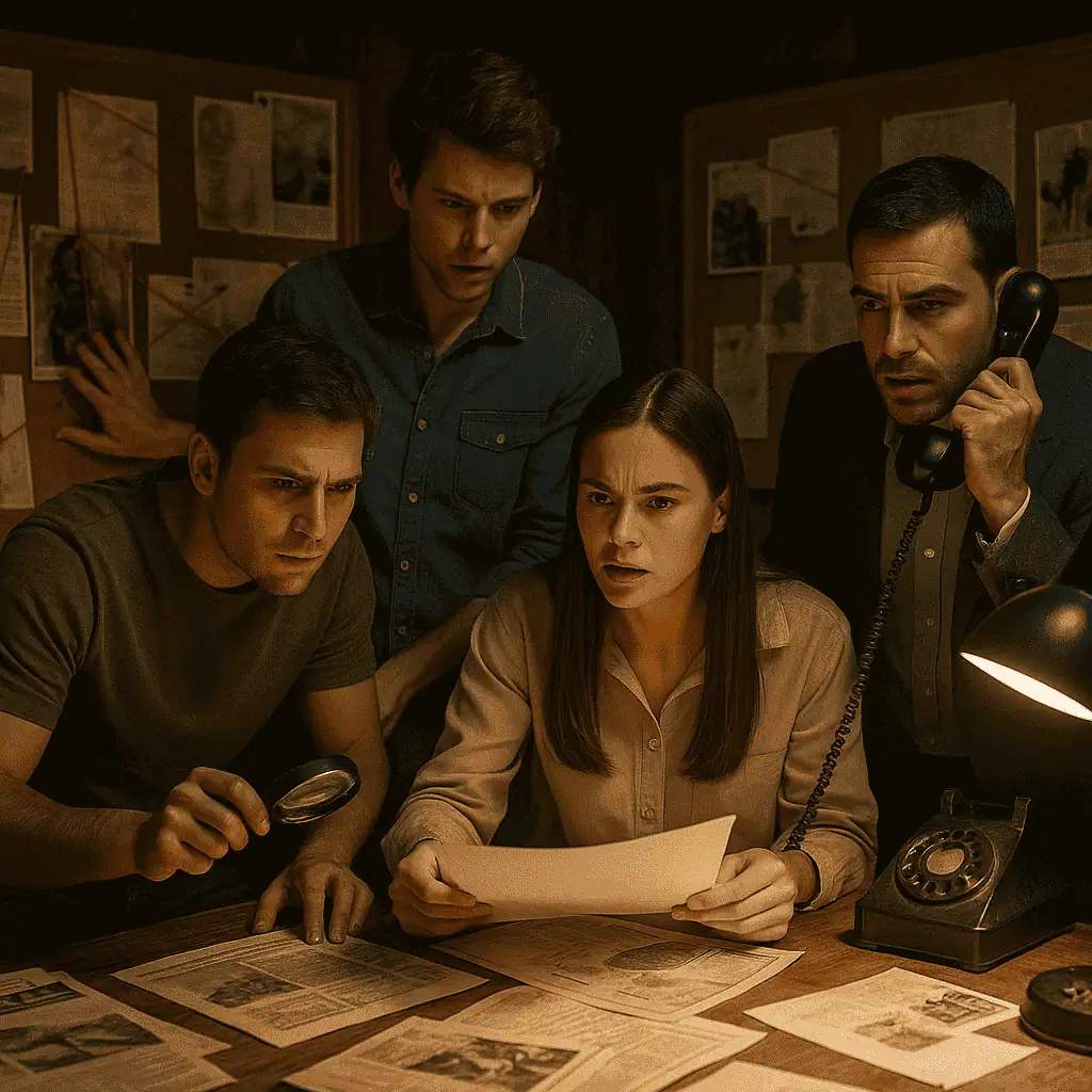 Cuatro jugadores investigan pistas con una lupa y un teléfono en un escape room