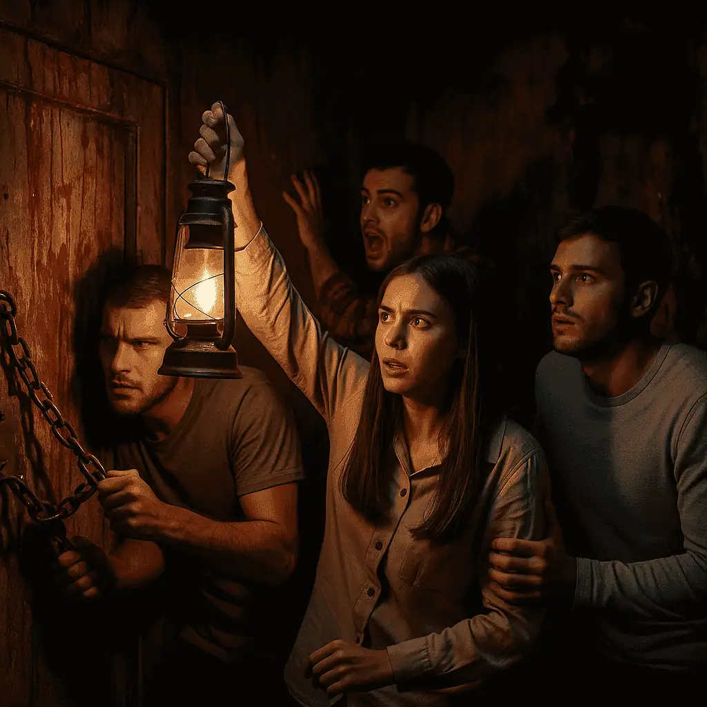 Cuatro jugadores exploran una sala oscura con una lámpara y una cadena