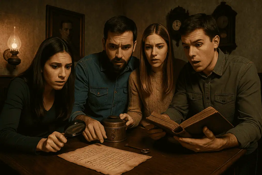 Equipo analizando una pista escrita y un libro durante un escape room