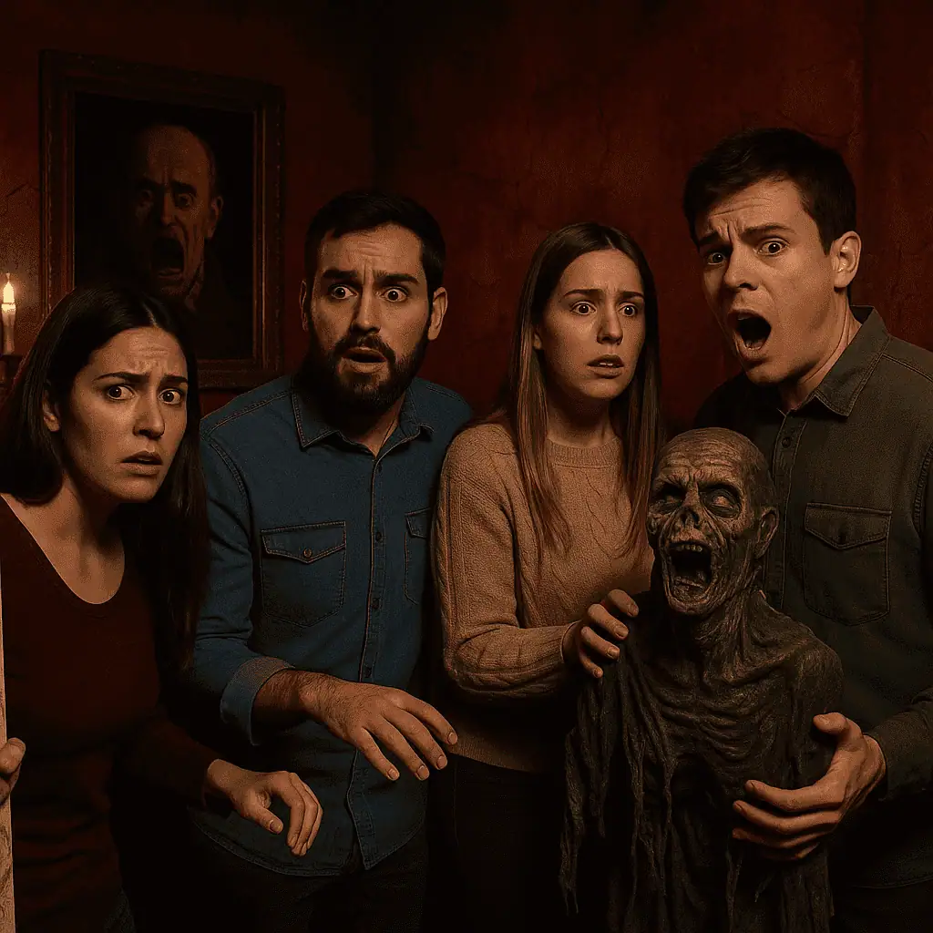 Grupo sorprendido junto a una figura de terror en un escape room