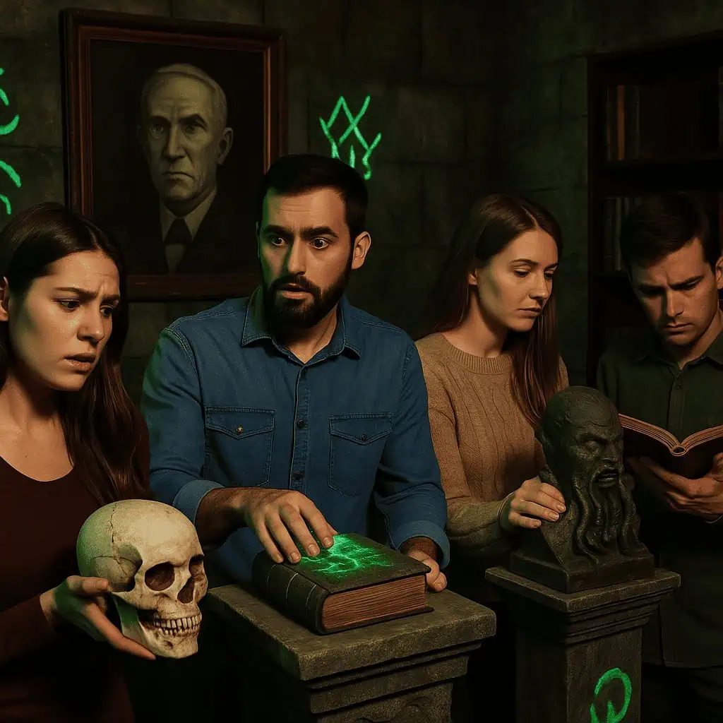 Jugadores observando un libro, una calavera y estatuas en una sala de escape