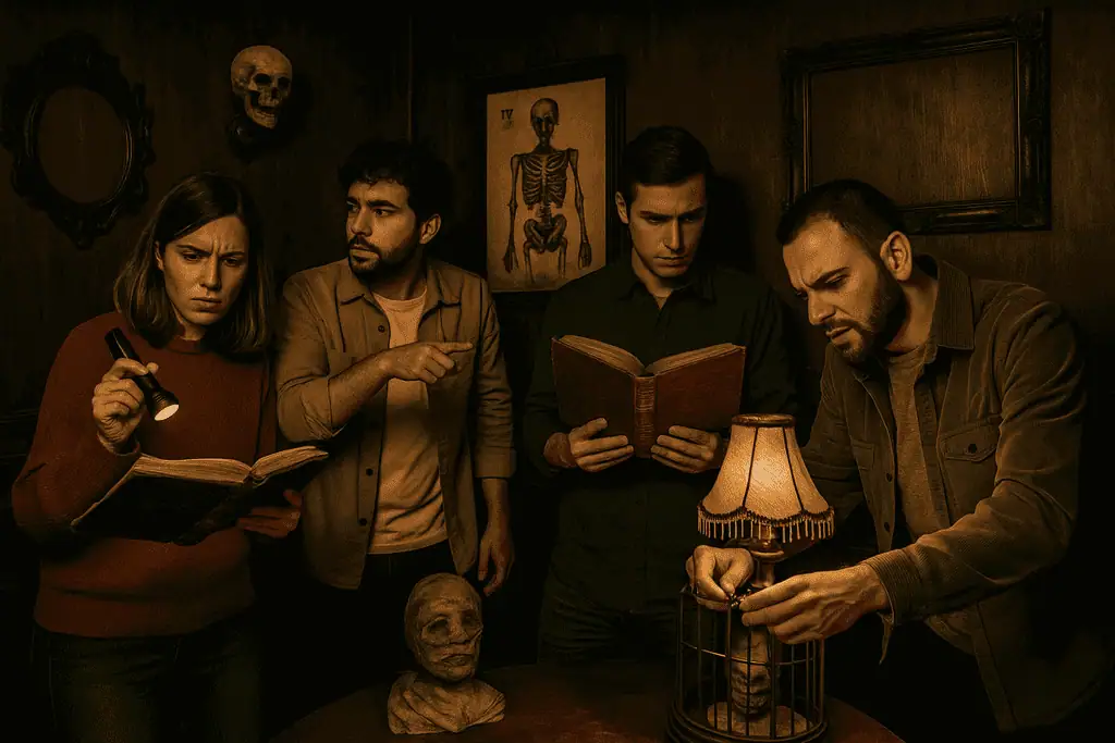 Grupo examinando libros y objetos en una sala de escape